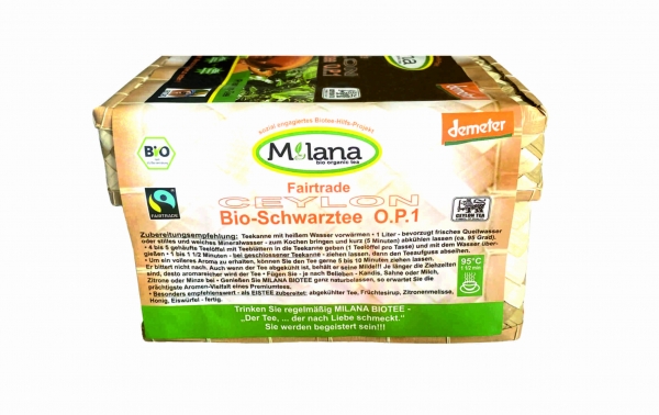 250 g MILANA Ceylon Fairtrade Demeter BIO-SCHWARZTEE LOSE OP1 Orange Pekoe 1 schwarzer Premium-Tee in HANDGEFLOCHTENEM TEEKÖRBCHEN, 55 Prozent des Verkaufspreises ist SOZIALE HILFSLEISTUNG - Der Tee, ... der nach Liebe schmeckt. Fair und nachhaltig herges
